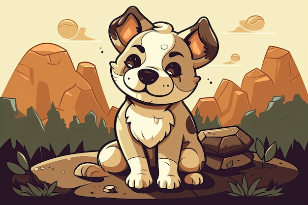 Un adorabile cane seduto in modo da cartone animato in un disegno di un'idea simbolo della natura animale