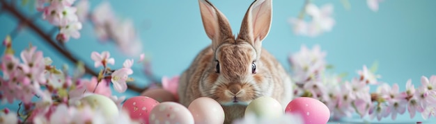 Un adorabile coniglietto di Pasqua circondato da uova color pastello e fiori rosa su uno sfondo blu