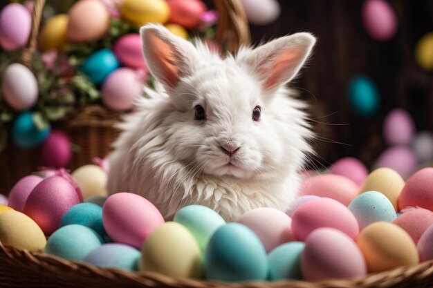 Un adorabile coniglietto di Pasqua, un coniglietto soffice che mangia erba con un cesto pieno di uova di Pasqua colorate sullo sfondo della natura, simbolo della festa di Pasqua.