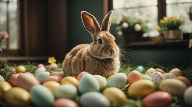 Un adorabile coniglietto di Pasqua, un coniglietto soffice che mangia erba con un cesto pieno di uova di Pasqua colorate sullo sfondo della natura, simbolo della festa di Pasqua.