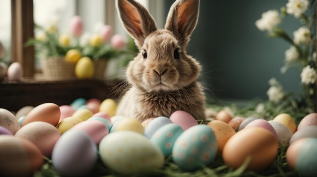 Un adorabile coniglietto di Pasqua, un coniglietto soffice che mangia erba con un cesto pieno di uova di Pasqua colorate sullo sfondo della natura, simbolo della festa di Pasqua.