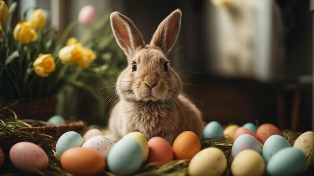 Un adorabile coniglietto di Pasqua, un coniglietto soffice che mangia erba con un cesto pieno di uova di Pasqua colorate sullo sfondo della natura, simbolo della festa di Pasqua.