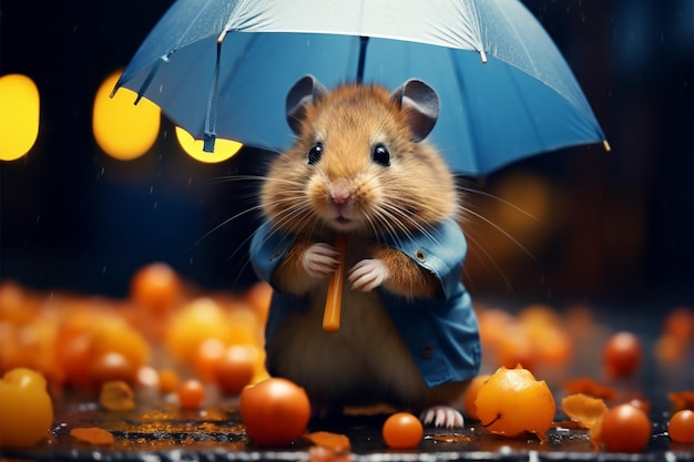 Un adorabile criceto si ripara sotto un minuscolo ombrello sotto la pioggia