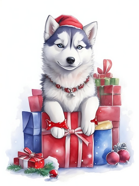 Un adorabile cucciolo di husky di Natale che indossa un colore dell'acqua