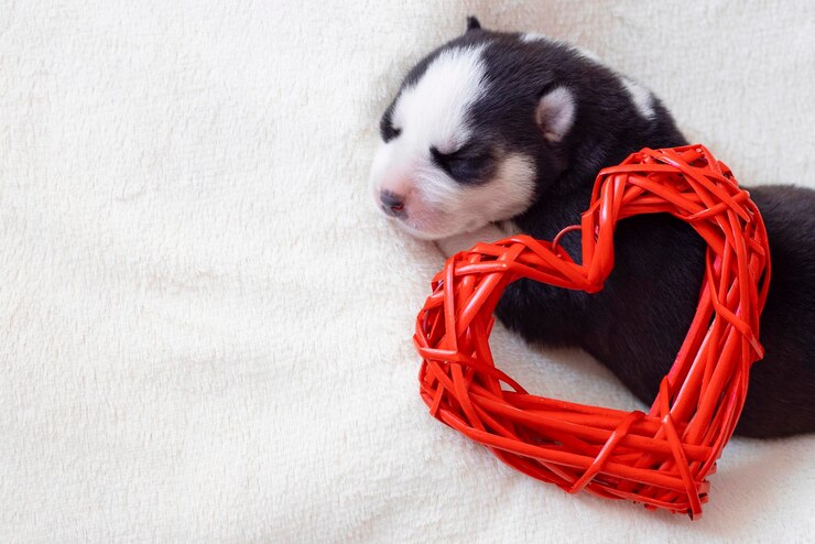 Foto un adorabile cucciolo di husky siberiano dorme con un cuore rosso su uno sfondo bianco e soffice