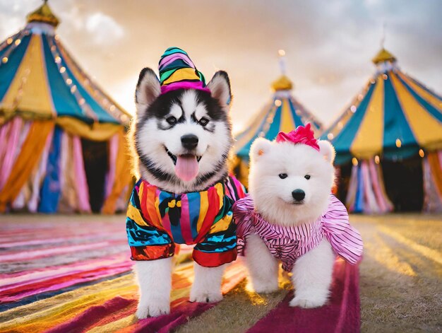 Un adorabile cucciolo di husky siberiano e un cucciolo d'orso polare vagano per il parco giochi del circo