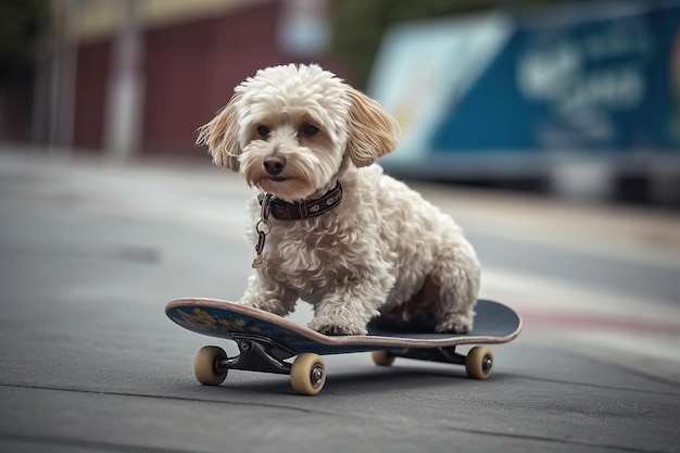 Un adorabile cucciolo di skateboarder guida uno skateboard in estate sulla strada in città AI generativa