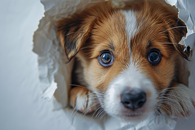Un adorabile cucciolo marrone e bianco che esce da una scatola di cartone