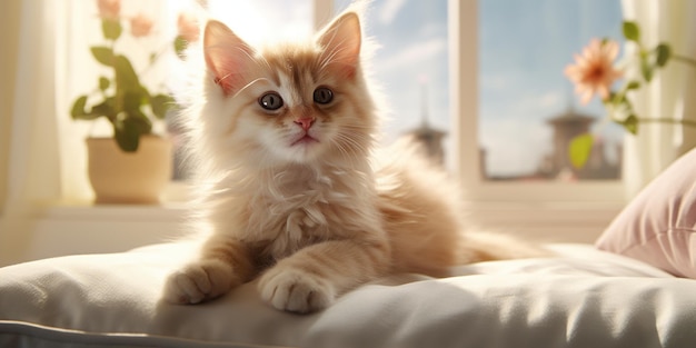 Un adorabile gattino è sdraiato in un letto quadrato