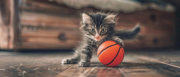 Un adorabile gattino grigio e bianco interagisce giocosamente con una palla da basket arancione su un pavimento di legno