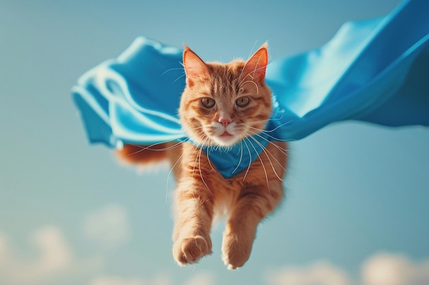 Un adorabile gatto rosso vestito da supereroe con un mantello blu