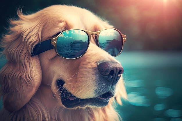 Un adorabile golden retriever che indossa occhiali da sole e tonificato con un filtro Instagram vintage di ritorno al passato