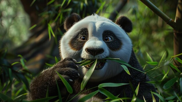 Un adorabile orso panda che mastica germogli di bambù renderizzato in risoluzione K. Illustrazione generata dall'AI