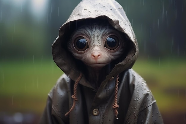 un'adorabile piccola creatura aliena che indossa un'accogliente pioggia di grandi dimensioni