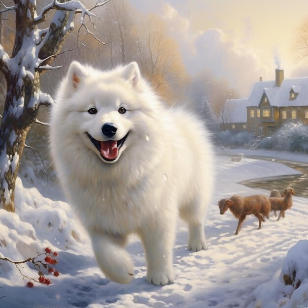 Un adorabile piccolo Samoyed Buon anno nuovo forte senso del realismo ad alta definizione