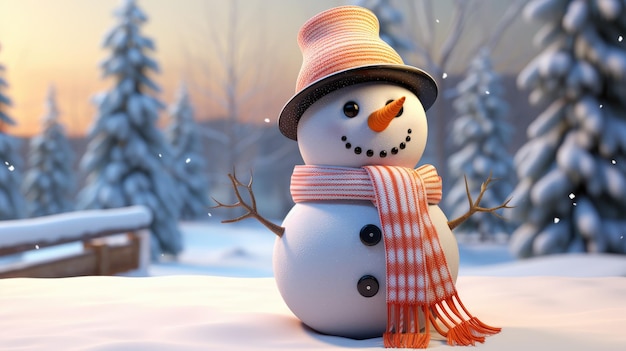 Un adorabile pupazzo di neve che indossa un cappello a cilindro e una sciarpa colorata per commemorare il Natale
