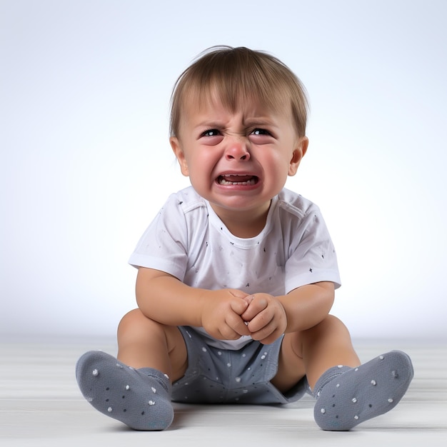 Un adorabile ragazzino sconvolto in pannolino è seduto e piange isolato su uno sfondo bianco