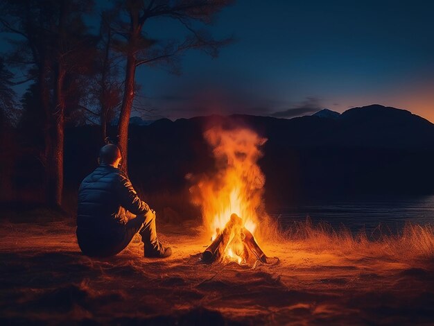 Un adulto solitario si siede accanto al fuoco del campo godendosi le fiamme ardenti