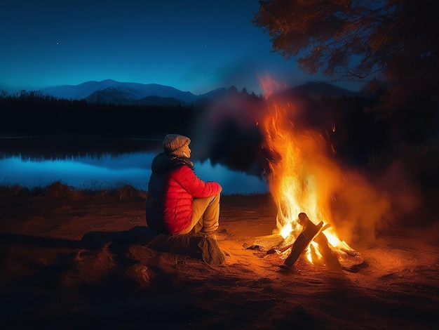 Un adulto solitario si siede accanto al fuoco del campo godendosi le fiamme ardenti