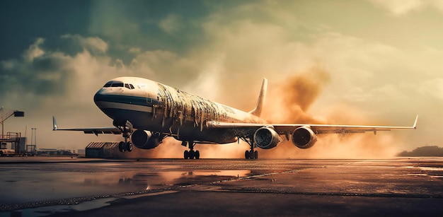 Un aereo a reazione in un aeroporto con il fumo che ne esce