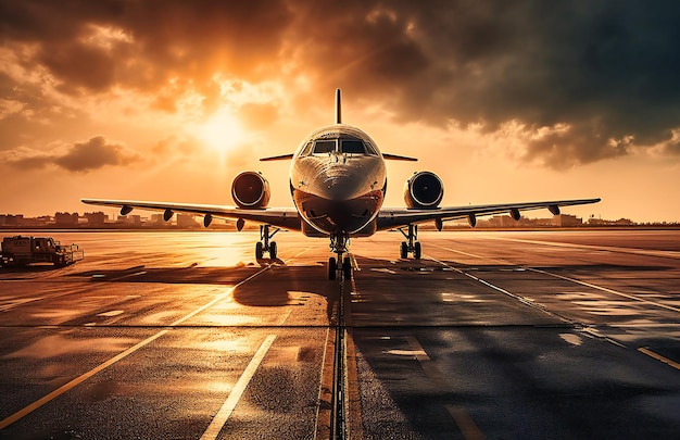 Un aereo a reazione su una pista con il sole visibile dietro di esso