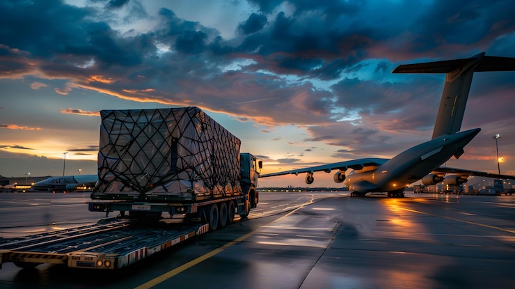 Foto un aereo cargo all'aeroporto attracca carichi o scarica merci ai generato