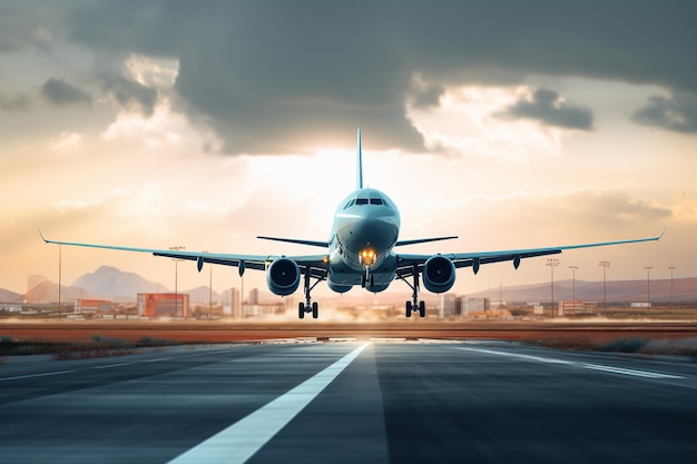 Un aereo che decolla da un aeroporto Aereo che decolla dalla pista di atterraggio dell'aeroporto Illustrazione di sfondo per lo spazio di copia del modello di presentazione del prodotto