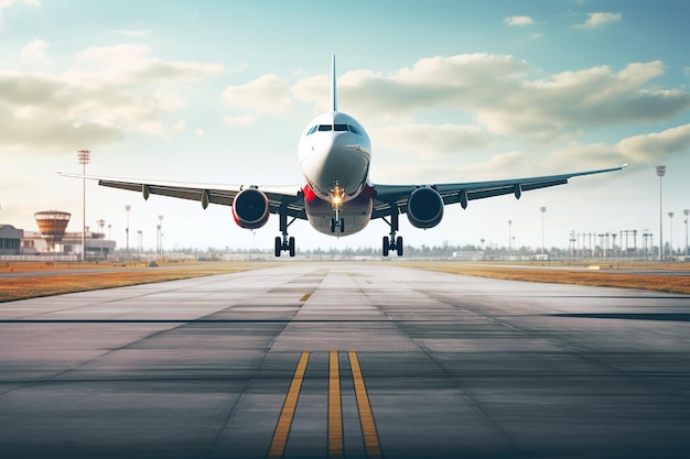 Un aereo che decolla da un aeroporto Aereo che decolla dalla pista di atterraggio dell'aeroporto Illustrazione di sfondo per lo spazio di copia del modello di presentazione del prodotto