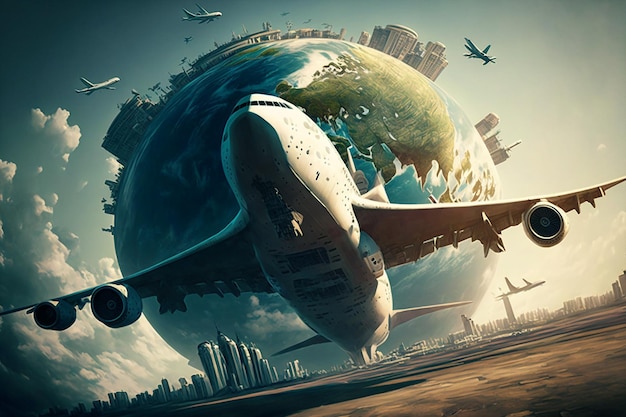 Un aereo che sorvola una città con un pianeta sullo sfondo