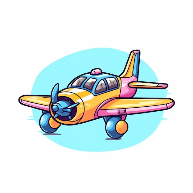Un aereo dei cartoni animati con un'elica gialla e la parola che vola su di essa.
