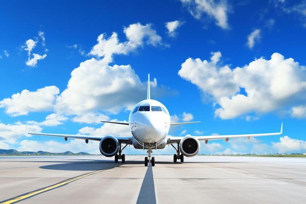 un aereo è sulla pista con il cielo sullo sfondo