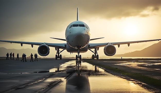 un aereo è sulla pista con il sole dietro di sé