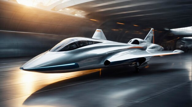 un aereo futuristico è parcheggiato in un hangar con una luce intensa proveniente dalla finestra