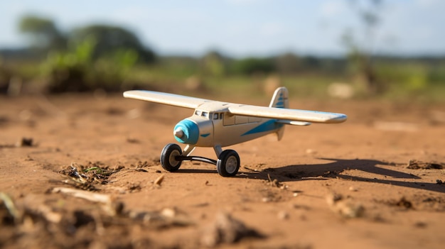 Un aereo giocattolo è posto in cima a un campo di terra