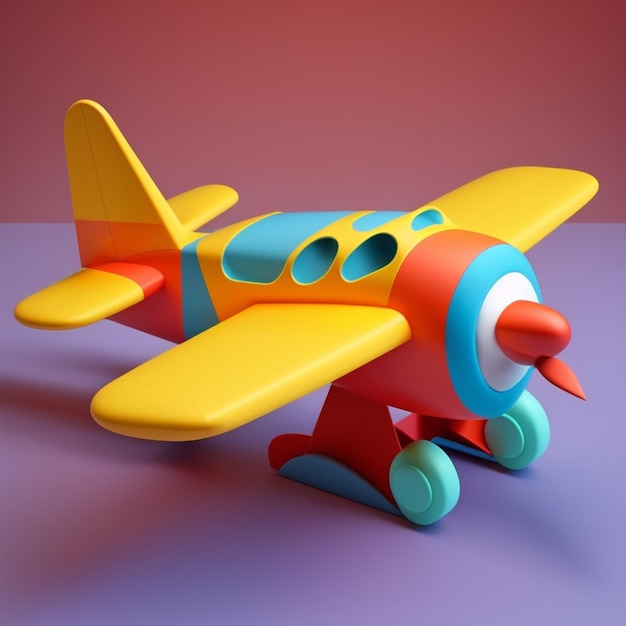 Un aereo giocattolo giallo e blu con la scritta "sul davanti".