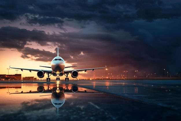 Un aereo passeggeri atterra sullo sfondo del tramonto all'aeroporto Viaggi e turismo
