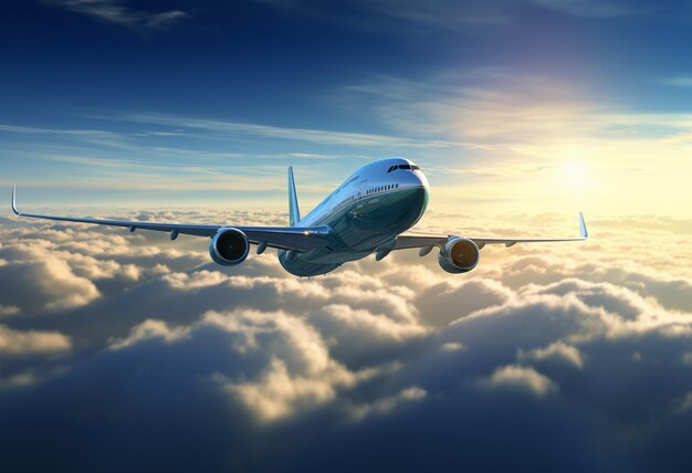 un aereo passeggeri boeing sta volando attraverso il cielo sopra un cielo pieno di nuvole nello stile del fotorealismo bianco scuro e argento