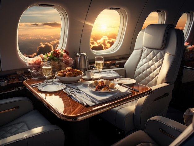 Un aereo privato nello stile del lusso moderno con sedili in pelle bianca, un tavolo vassoio e un set da pranzo con vista sul cielo attraverso una finestra IA generativa