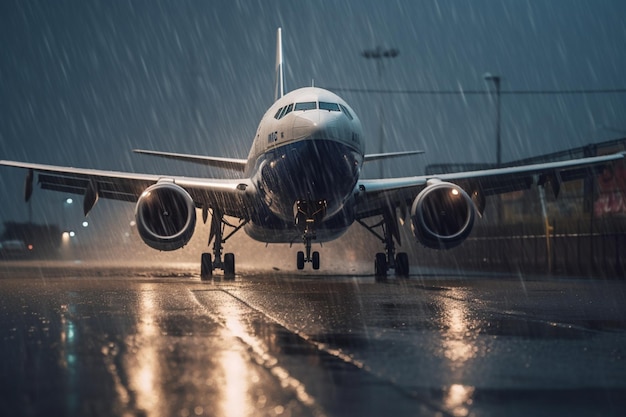 Un aereo sta atterrando sotto la pioggia