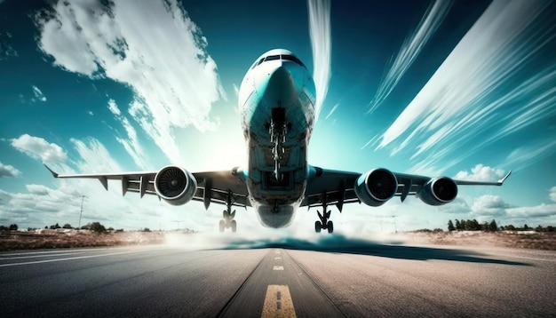 Un aereo sta atterrando su una pista con la scritta "viaggio aereo" sul fondo.