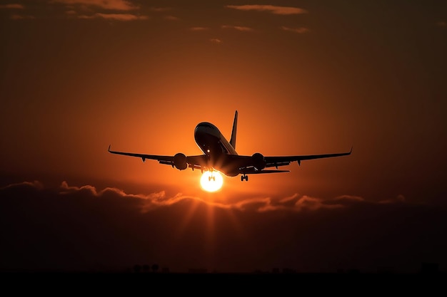 Un aereo sta decollando al tramonto