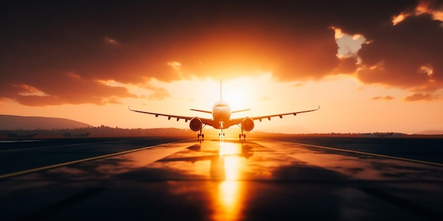 Un aereo sta decollando da una pista al tramonto.