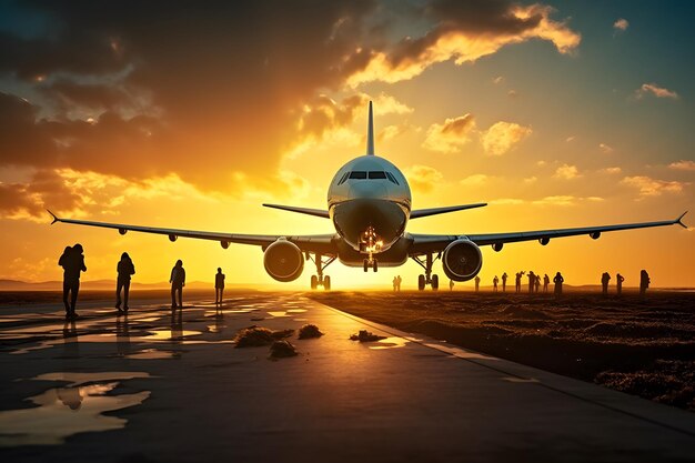 un aereo sta decollando dalla pista al tramonto