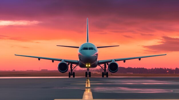 un aereo sta decollando dalla pista al tramonto.