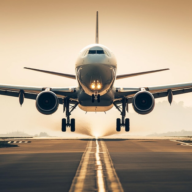 un aereo sta decollando dalla pista con il sole che splende sull'ala.