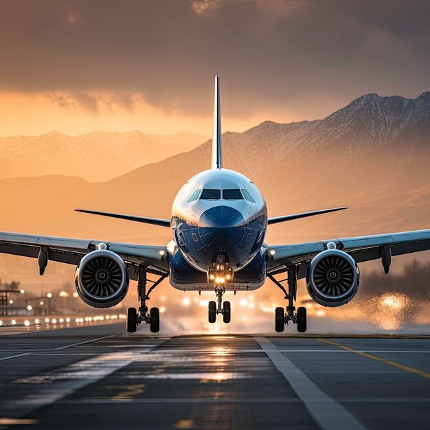 un aereo sta decollando dalla pista con le montagne sullo sfondo