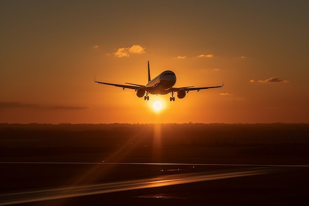 Un aereo sta per atterrare al tramonto.