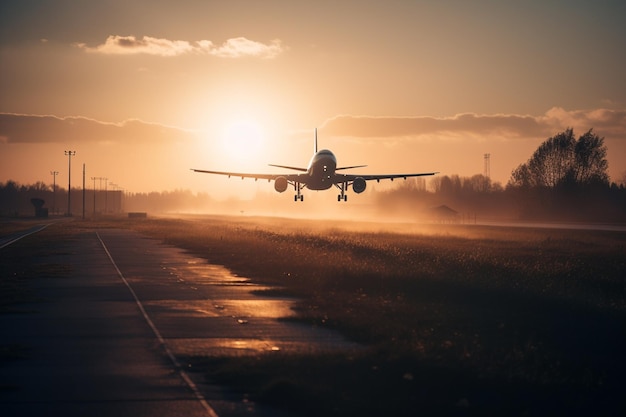 Un aereo sta per atterrare su una pista al tramonto.
