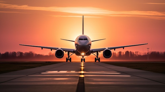 Un aereo sta per decollare da una pista al tramonto