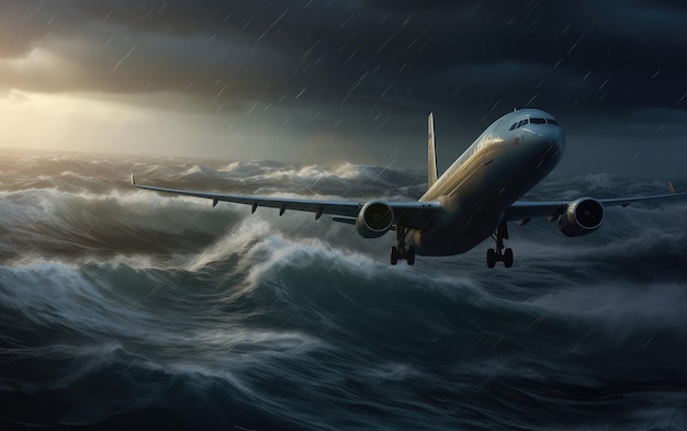 Un aereo sta sorvolando l'oceano e il cielo sta piovendo.
